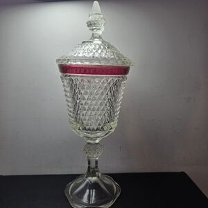 Vintage Indiana Diamond Point Ruby Flashed Trim Footed Candy Urn Dish Goblet